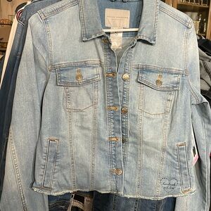 Upcycled brand new ladies blue jeans jacket size Small. Made with love. Cropped
